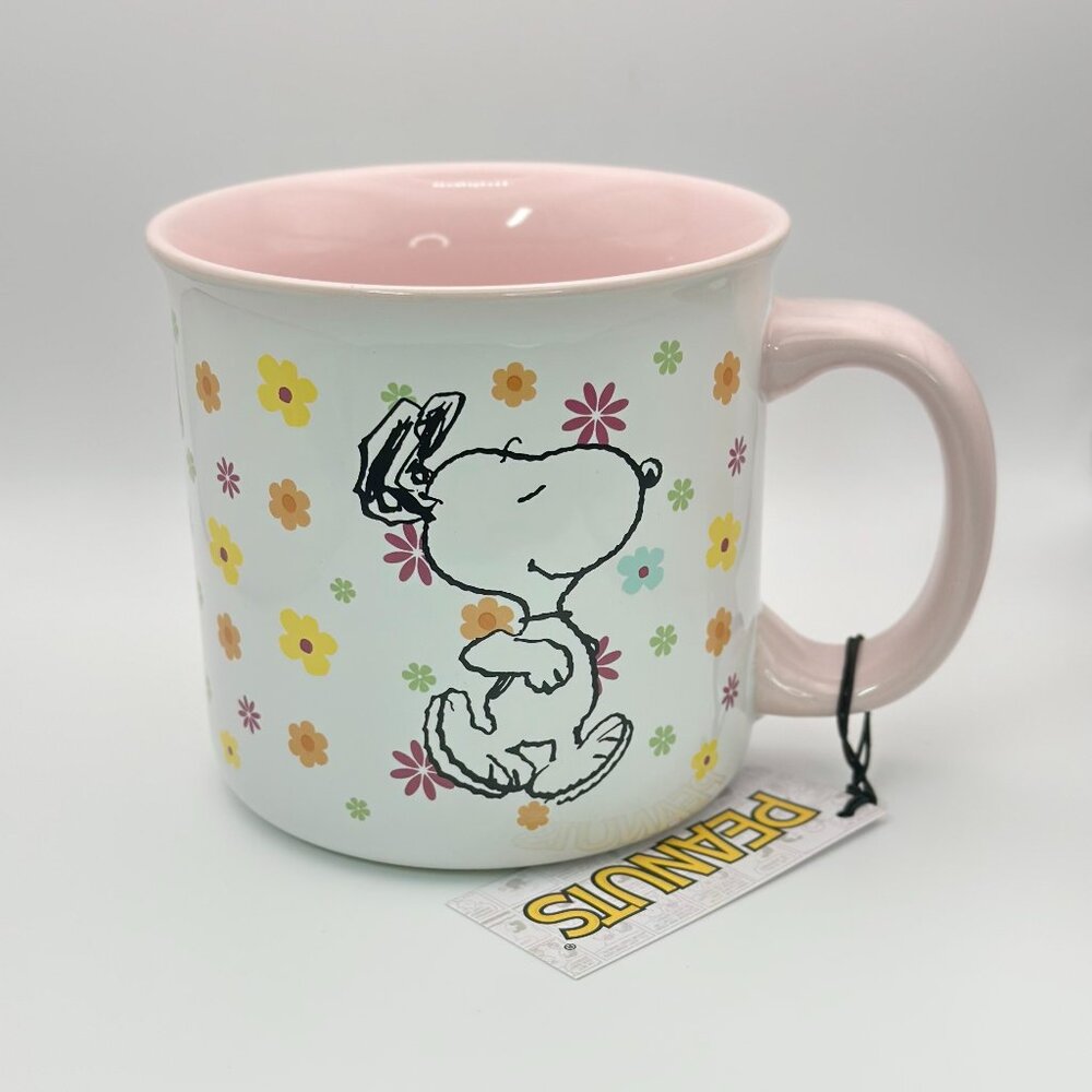 Peanuts Snoopy flower pattern mug | Pink Spring Snoopy graphics mug